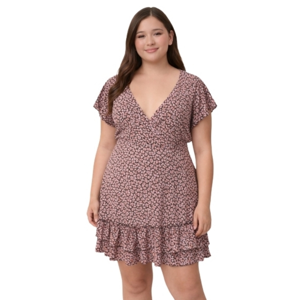 NWT No Frills Floral Ruffled Mini Dress Low‎ Open Back Jr XL